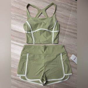 Forever 21 Olive Green Sports Crop Top & Matching Shorts with White Trim